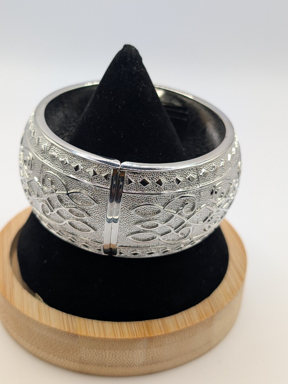 Silver-Tone Engraved Hinged Bangle Bracelet - Women's Jewelry